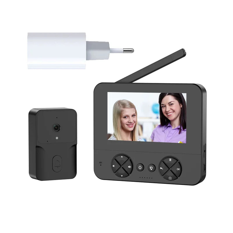 Wireless video doorbell set with black outdoor camera and indoor monitor with black antenna