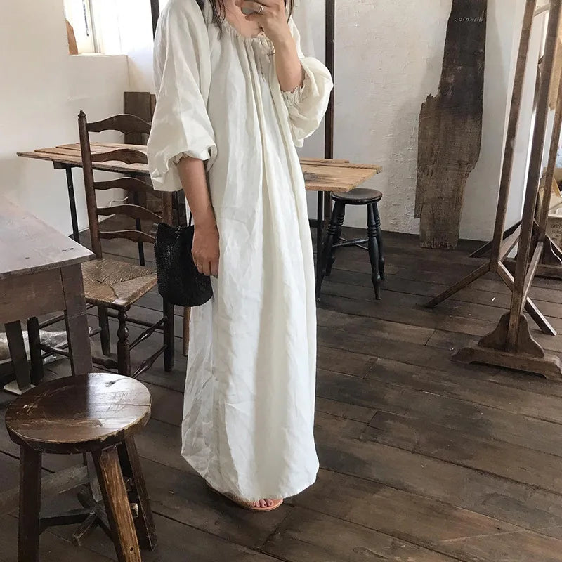 Original New Spring Vintage Cotton Linen Dress for Women Solid Long Sleeve Drawstring Linen One-Piece Dress Maxi Dress