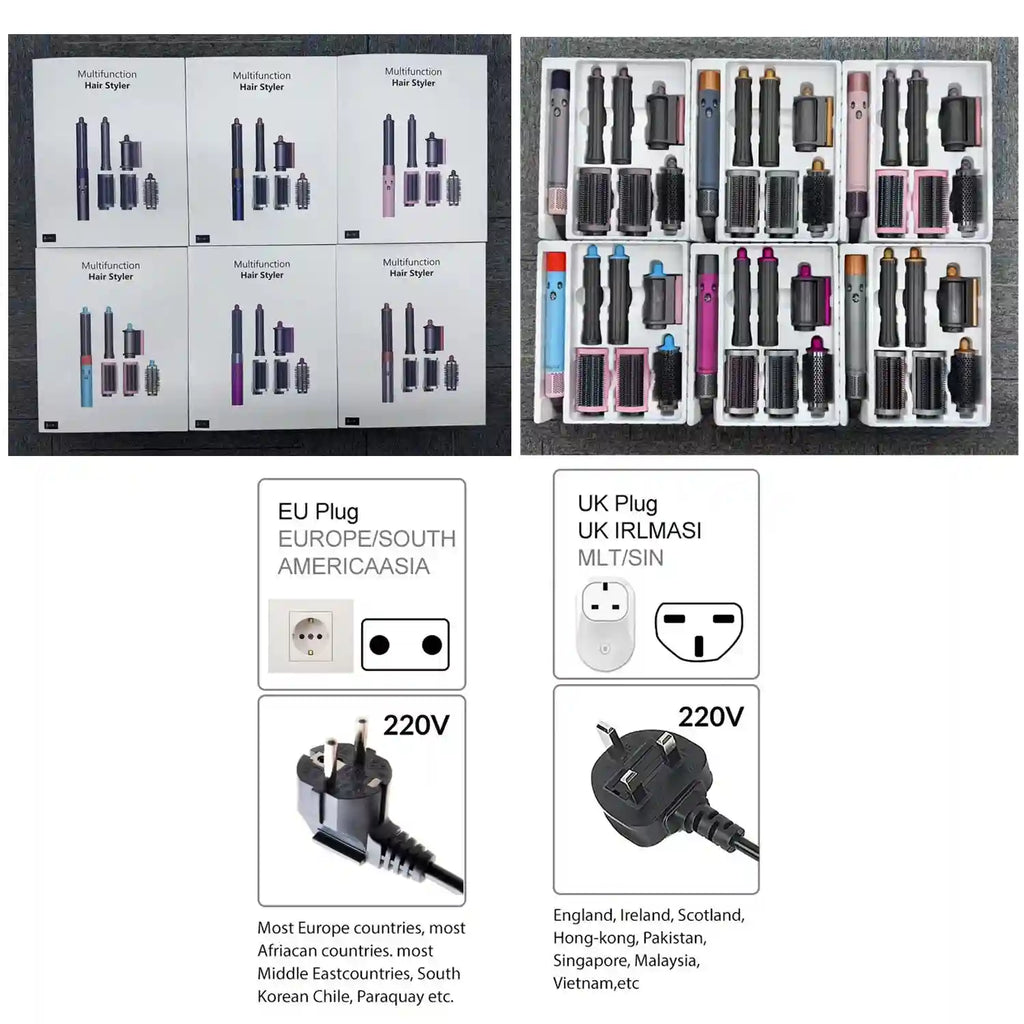 6-in-1 multi hair styler set with colorful auto-curling barrels, hot air brush, and 220V EU/UK plug options.