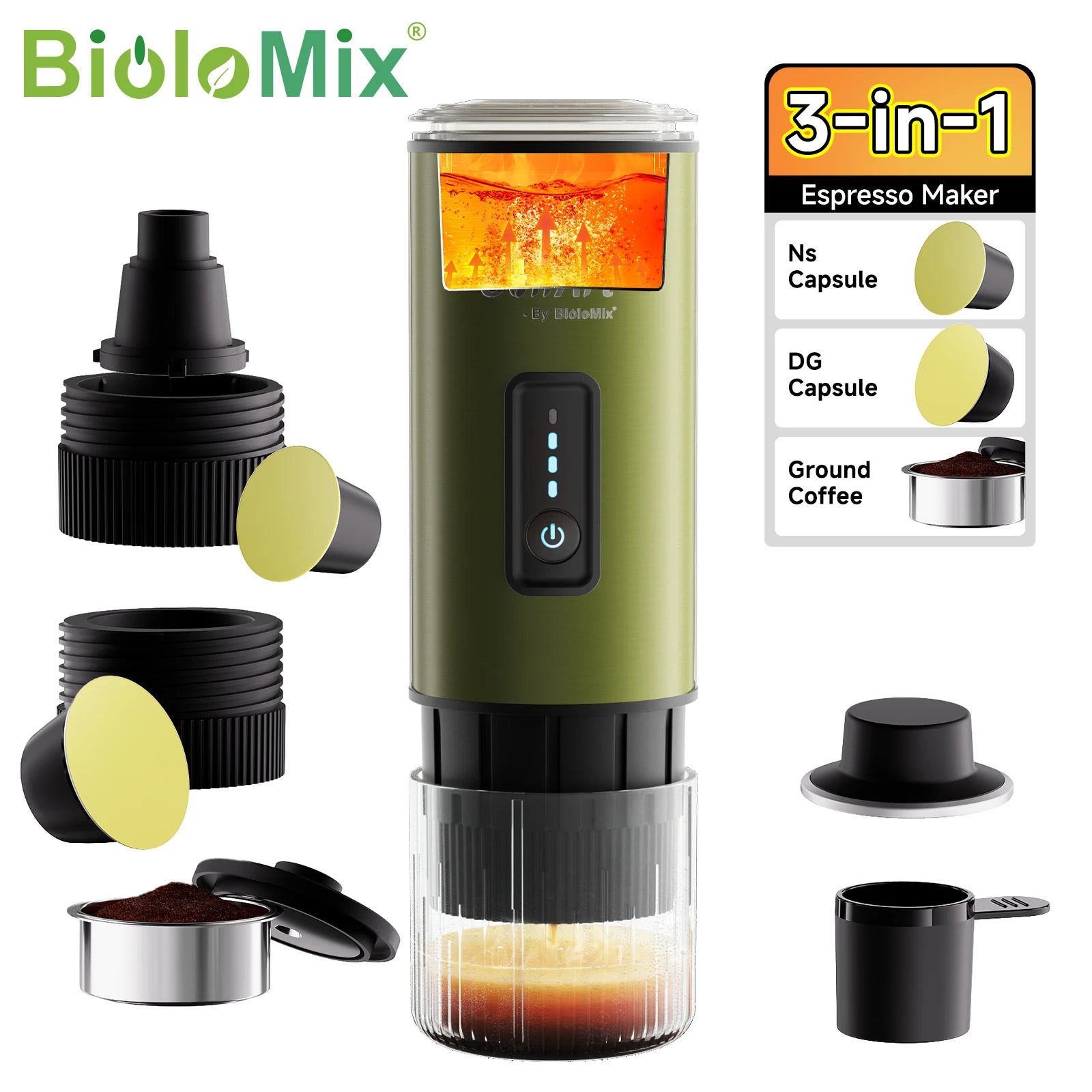 BioloMix portable 3-in-1 espresso maker in olive green, compatible with Ns/DG capsules and ground coffee.