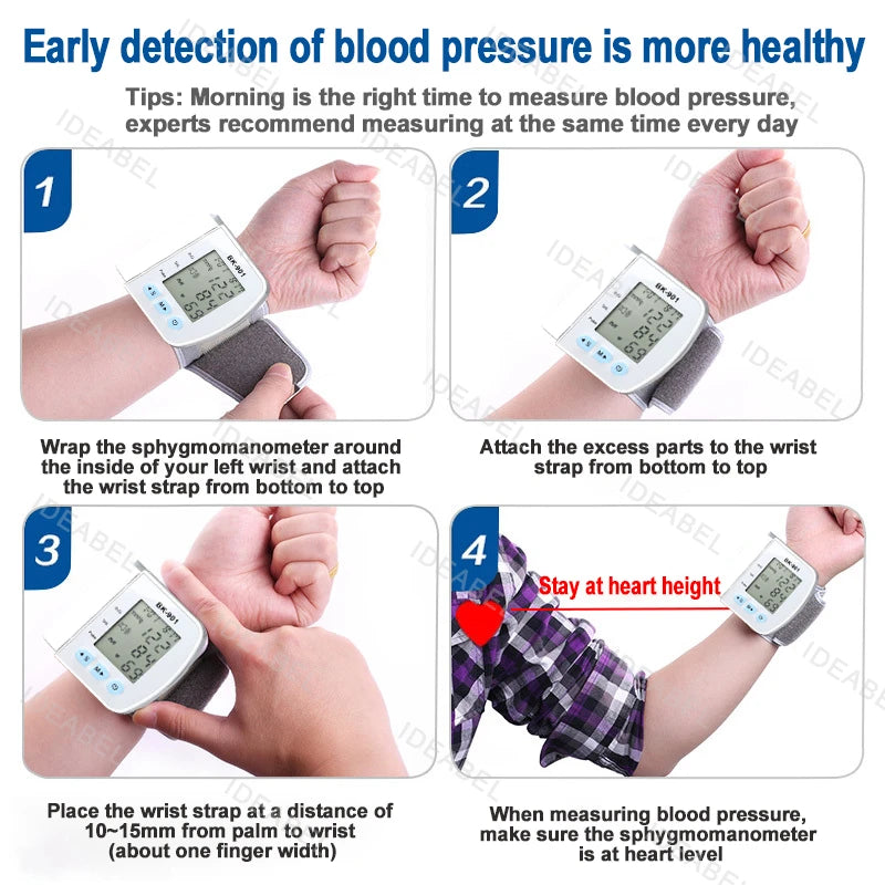 Smart LCD Screen English Voice Broadcast Wrist Blood Pressure Monitor Digital Automatic BP Tonometer Heart Rate Sphygmomanometer