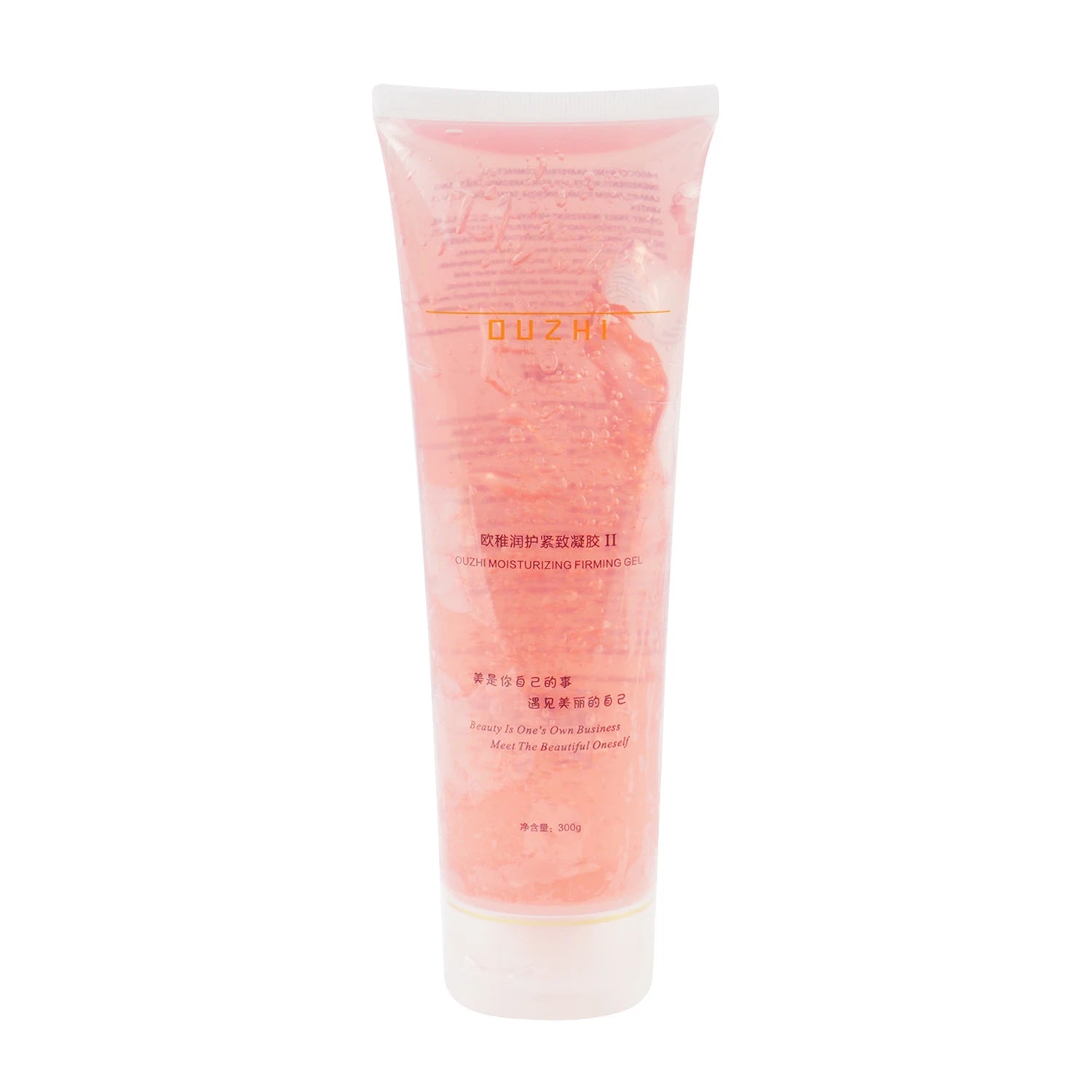 Clear plastic 300g tube of pink, translucent Ouzhi moisturizing firming gel with white cap.