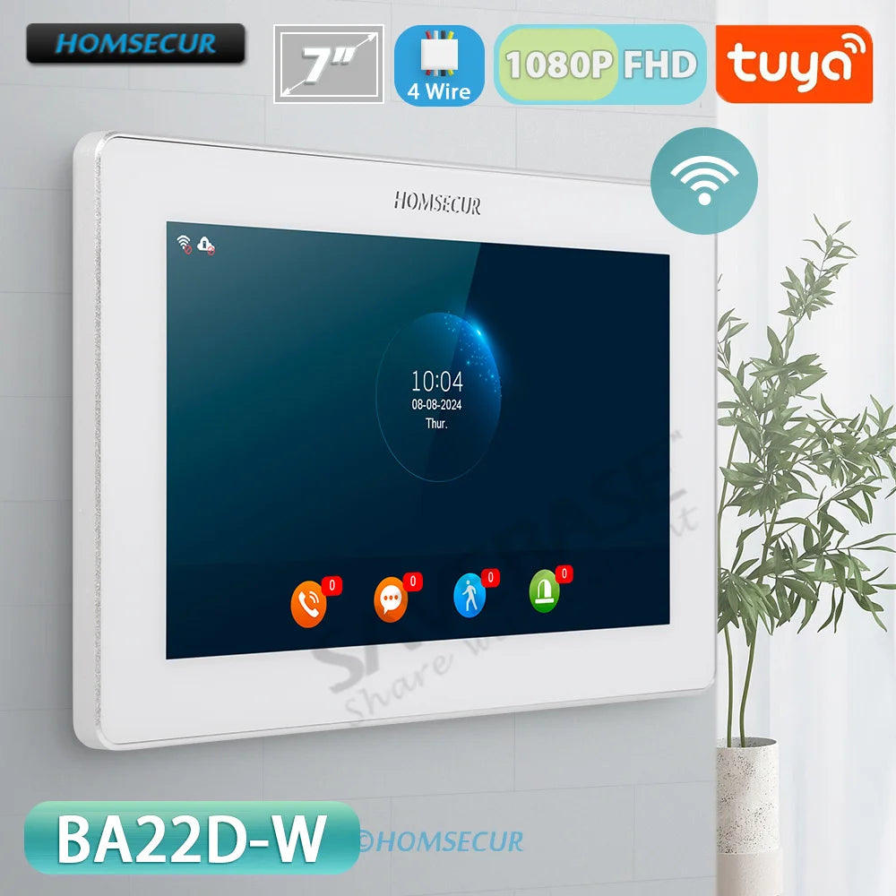 BA22D-W 4 Wire 7" Touch Screen Monitor Motion Detection For HOMSECUR Tuya Smart WIFI Video Doorphone 1080P FHD