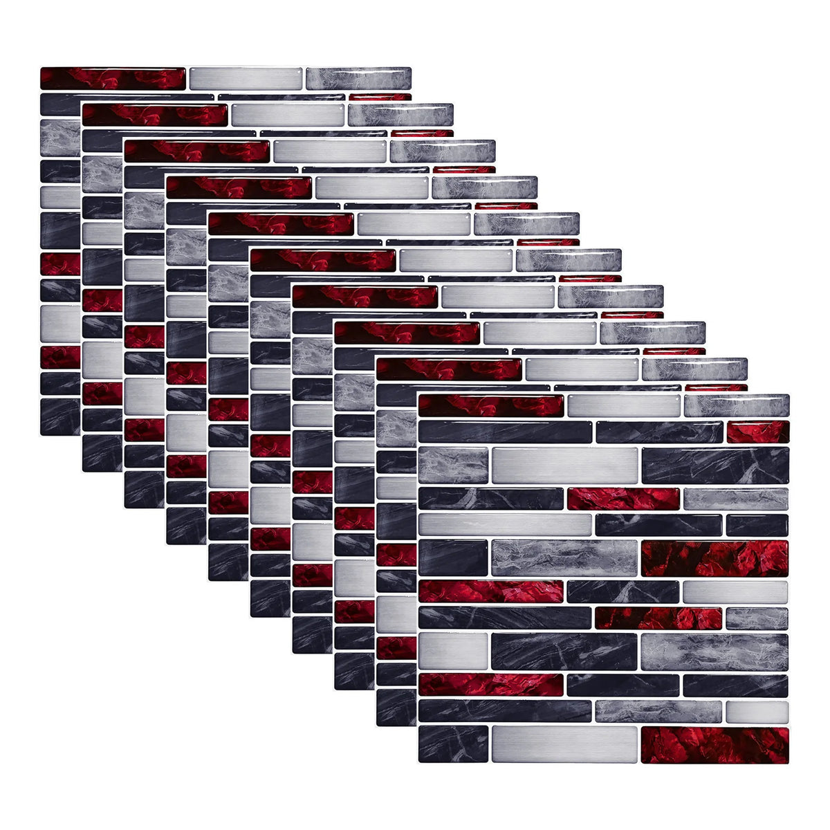 3D mosaic tile sticker set, red and gray marble brick pattern, self-adhesive 10x10cm tiles