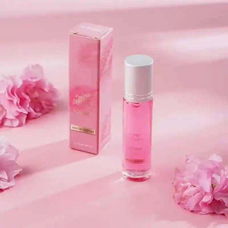 Flirting Phero Perfume for women, long-lasting EDP fragrance oil in a pink roll-on bottle with floral packaging.