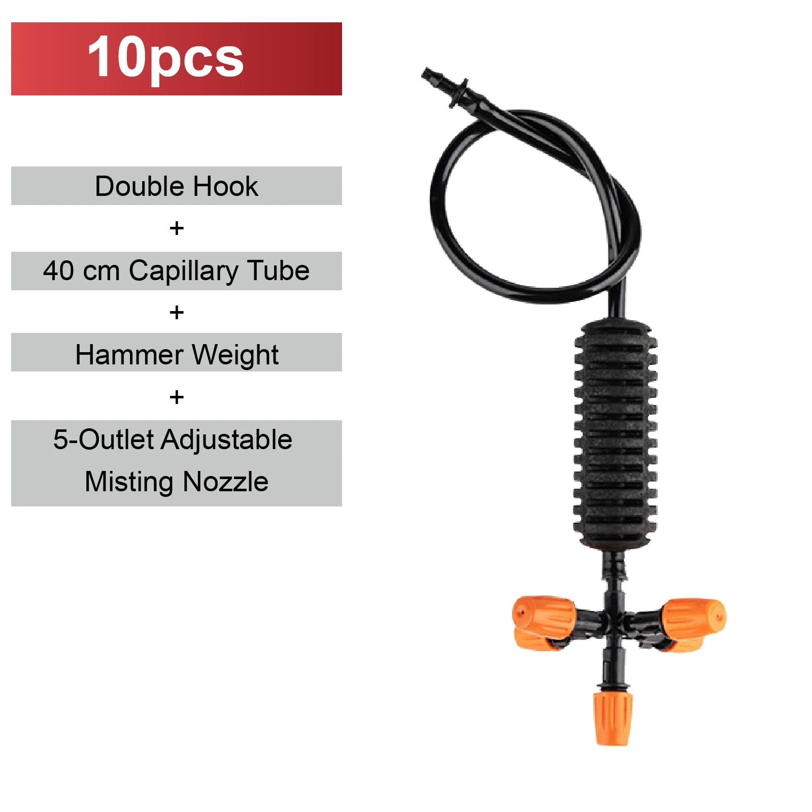 Misting nozzle kit with double hook, capillary tube, weight, and 5-outlet adjustable mist nozzle