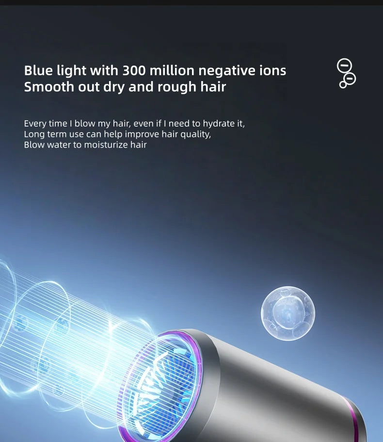 2400W foldable ionic hair dryer with blue light, negative ion technology for smooth, hydrated hair styling.