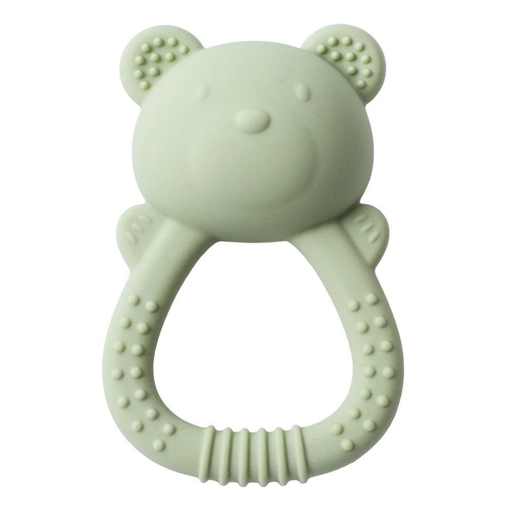 Sage green silicone bear baby teething ring toy for infant gum relief.