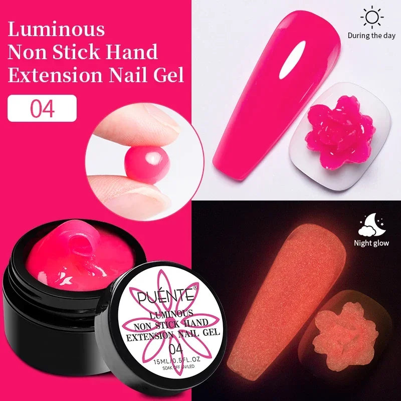 Hot pink non-stick luminous nail extension gel in a 15ml jar, shown as daytime cream and glowing orange night texture.