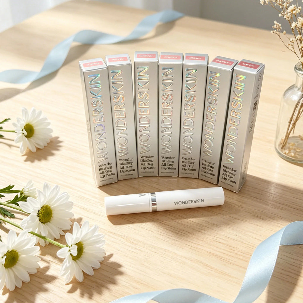 Wonderskin long-lasting waterproof peel-off lip tint boxes and applicator on a wooden table with daisies.