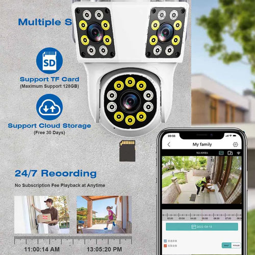 White outdoor security PTZ camera with three-lens array and circular main camera