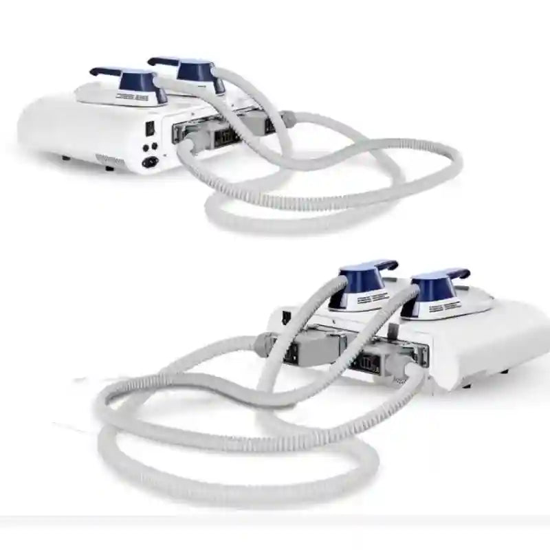 White HIEMT EMS RF body sculpting machine with two applicator paddles and connection hoses for home muscle stimulation.