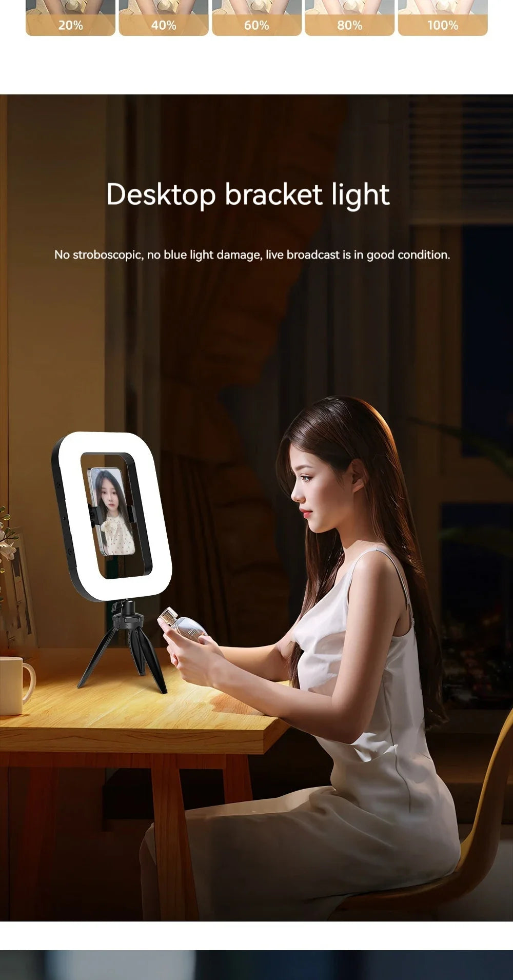 Rectangular desktop LED ring light with a small tripod stand, used to hold a smartphone for live streaming.
