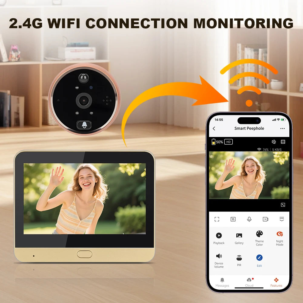 Extractme 4.3 Inch Wifi Smart Doorbell Camera Tuya 1080P Full HD Door Peephole Camera with PIR Detection Doorbell  Видеоглазок