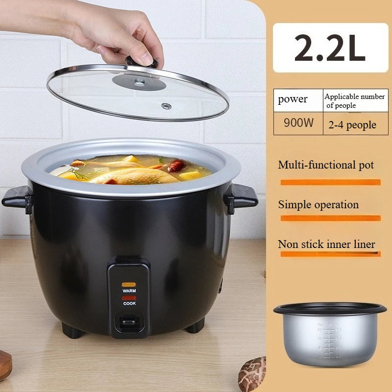 2.2L mini rice cooker with glass lid, black body, and warm/cook control panel