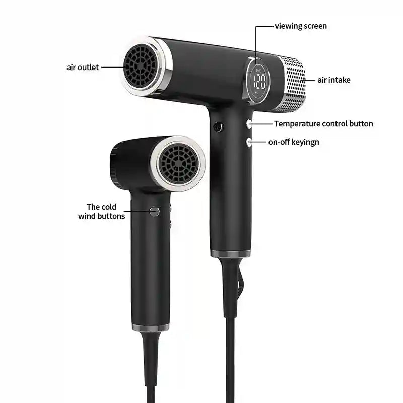 Black 1800W high-speed hair dryer with digital screen, temperature controls, and cold shot button for salon styling.