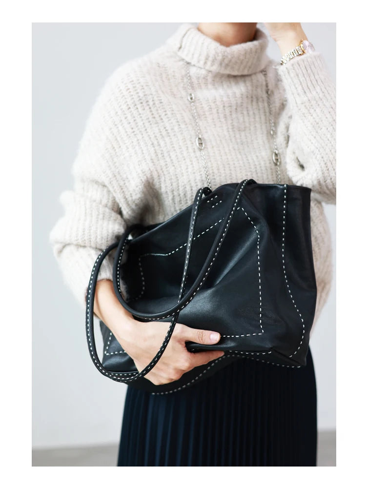Women Large Capacity Genuine Leather Tote Soft Shoulder Bag