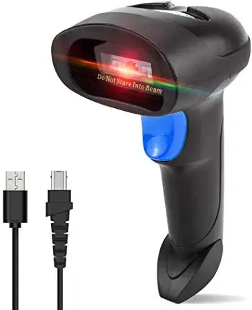 Black handheld barcode scanner with blue status light and USB cable