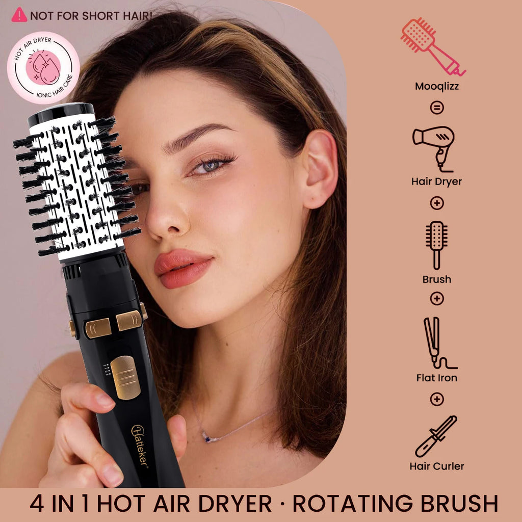 Hatteker 4-in-1 hot air dryer and styling brush in black with gold accents for ionic, voluminous hair styling.