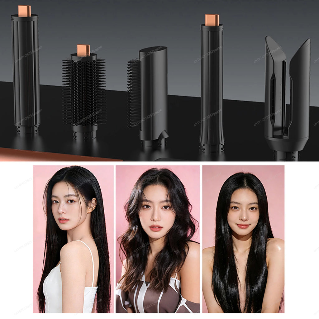 Sencimen X19 black 5-in-1 hair styler set with curling barrels, brushes, and blow dryer nozzle for professional styling.