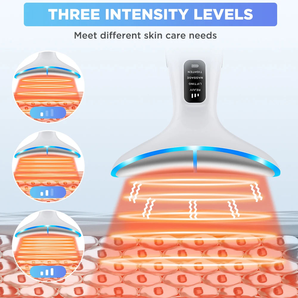 White EMS facial massager with LED light therapy, showcasing three adjustable intensity levels for skin care.