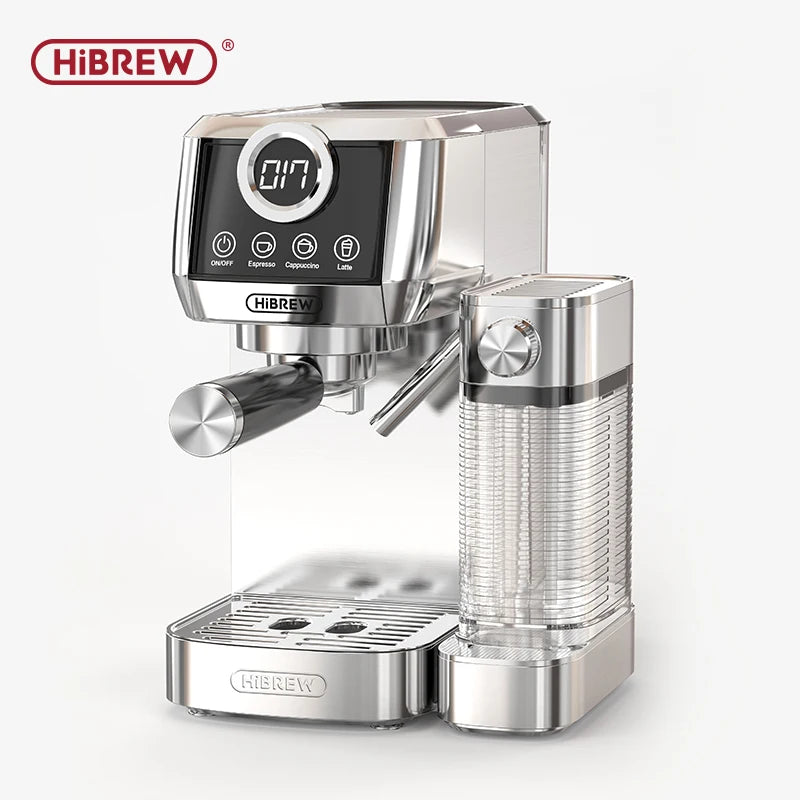 HiBREW stainless steel espresso machine with digital display, milk frother, and portafilter for home coffee brewing.