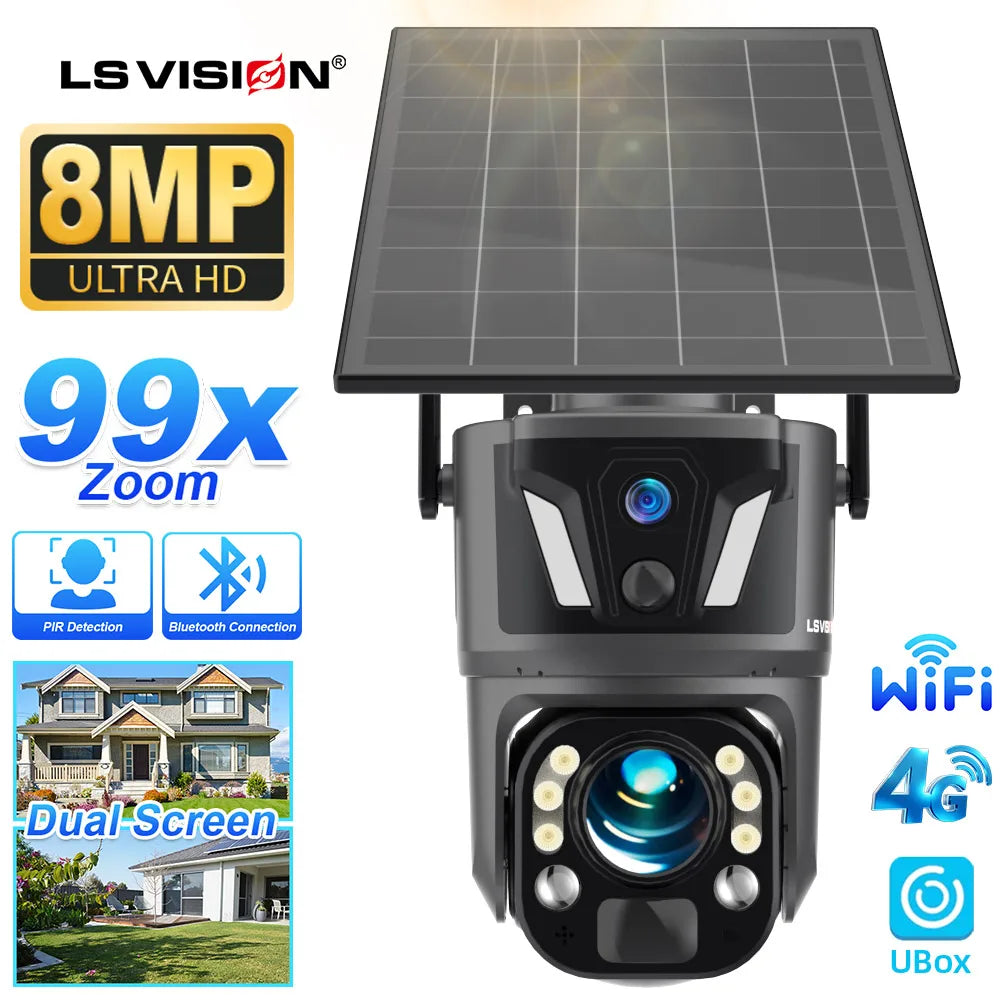 LS VISION 99X Optical Zoom Dual Screen Solar Camera Outdoor 4K 4G/WiFi PTZ Dual PIR Detection AI Auto Tracking Security Camera