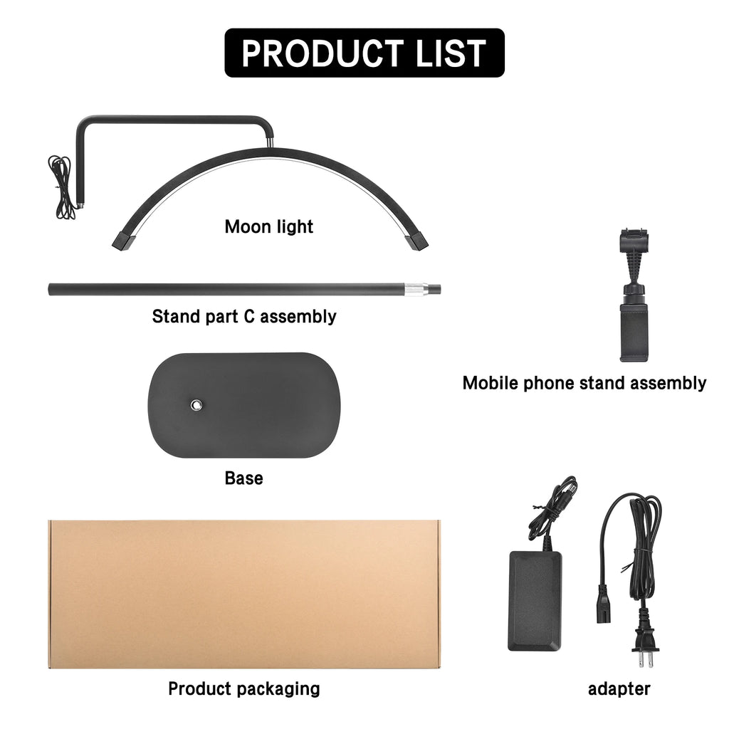 Black curved LED moon light with stand, oval base, phone mount, and power adapter, shown with its cardboard packaging.