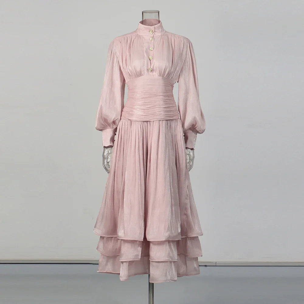 VGH Beach Style Solid Casual Short Dresses For Women Stand Collar Long Sleeve High Waist Spliced Button Chic Dress Female New
