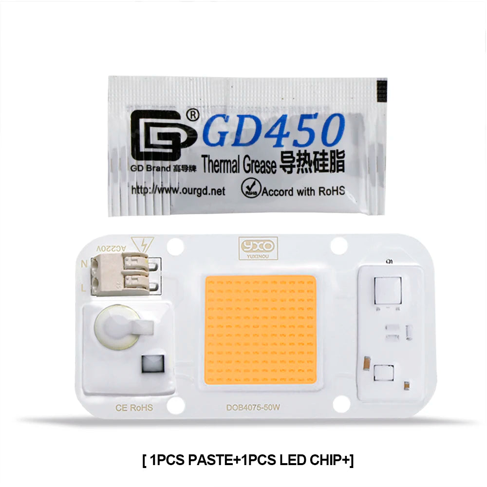 GD450 thermal grease packet with LED grow light chip on white board
