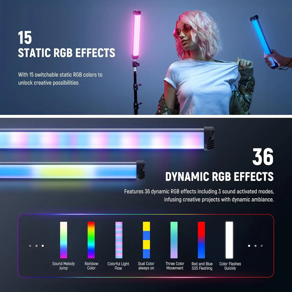RGB LED light wand for photography and video, featuring static and dynamic multi-color modes in a slim stick shape.