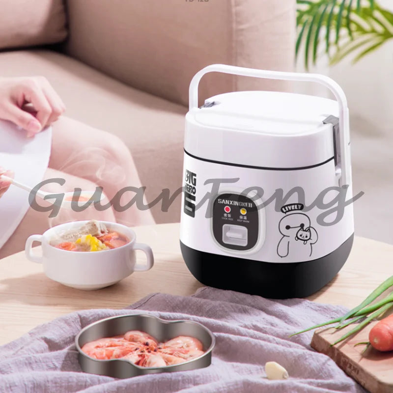 Portable mini rice cooker with control display, white body and black base on countertop