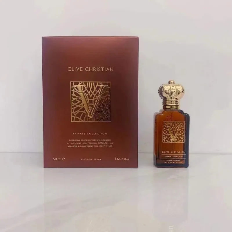 Clive Christian Private Collection V Amber Fougere 50ml perfume. Crown-topped bottle, notes of pepper and smoky vetiver.