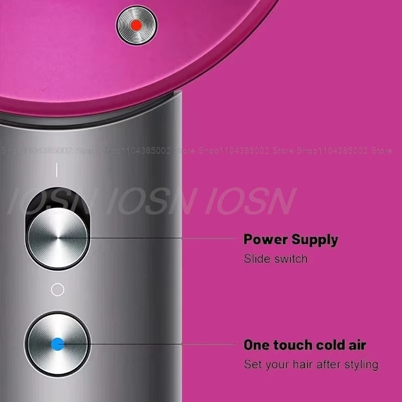 Pink leafless negative ion hair dryer with slide power switch and one-touch cold air button for professional styling.