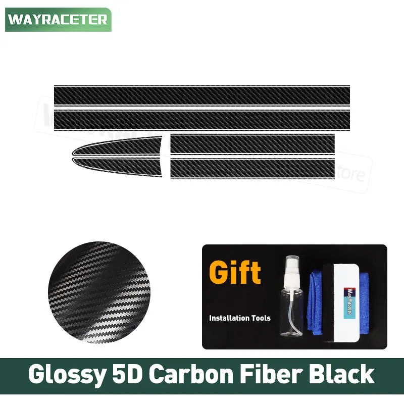 Black 5D carbon fiber vinyl decal stripes for Fiat vehicles, featuring a textured finish and included installation kit.
