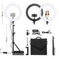 19-inch LED ring light with adjustable stand, phone and camera mounts, power adapter, and carrying case.