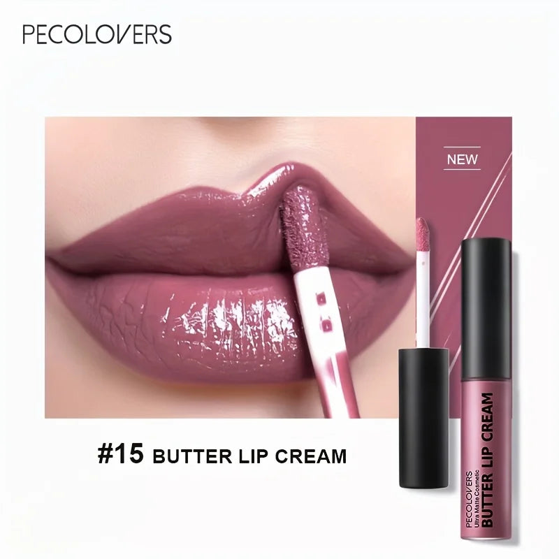 Pecolovers Butter Lip Cream liquid lipstick #15 in a moisturizing, non-sticky mauve shade with a glossy wand applicator.