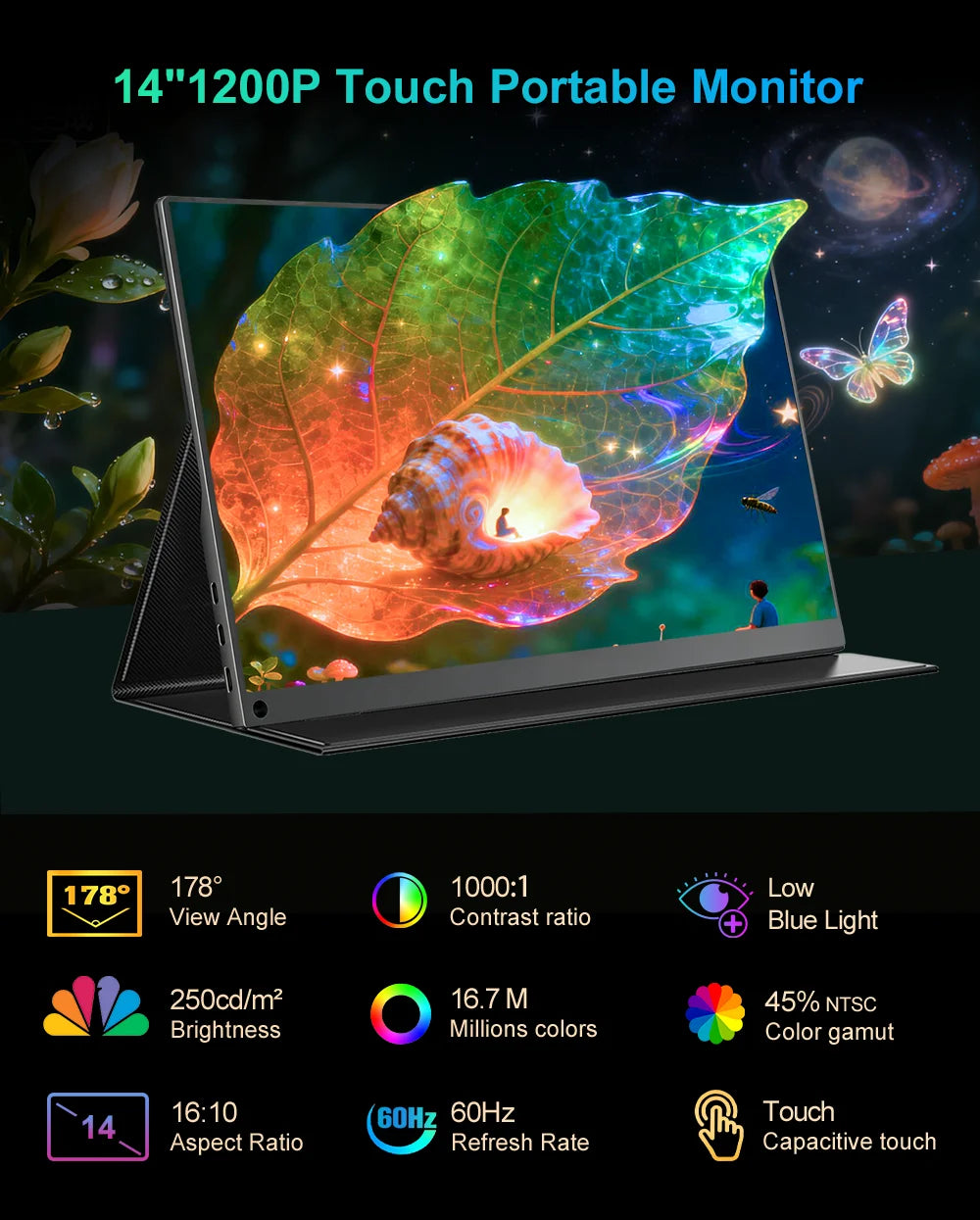 14 Inch 1200P FHD IPS Touch Portable Monitor 10-Point Capacitive Touch 75x75 VESA Low Blue Light Type‑C Mini HDMI Compatible PS5