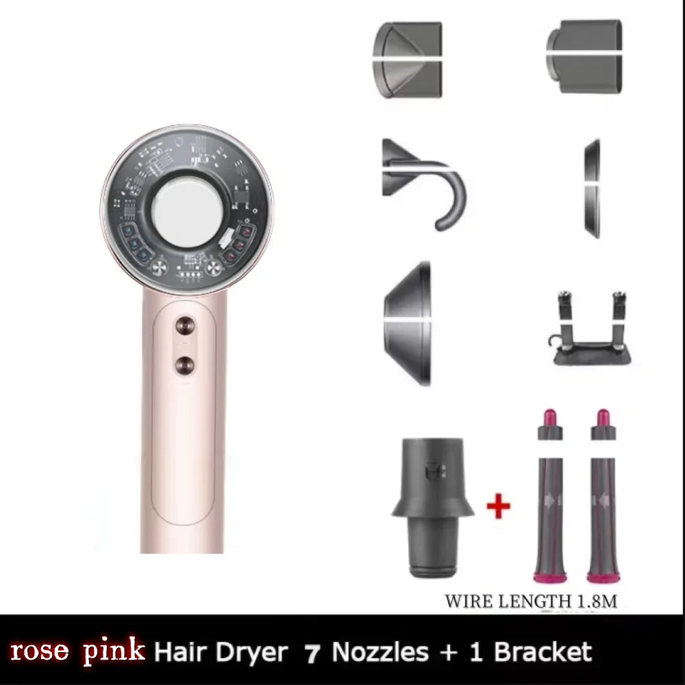 Rose pink high-speed negative ion hair dryer with 7 styling attachments and bracket for professional salon fast drying.