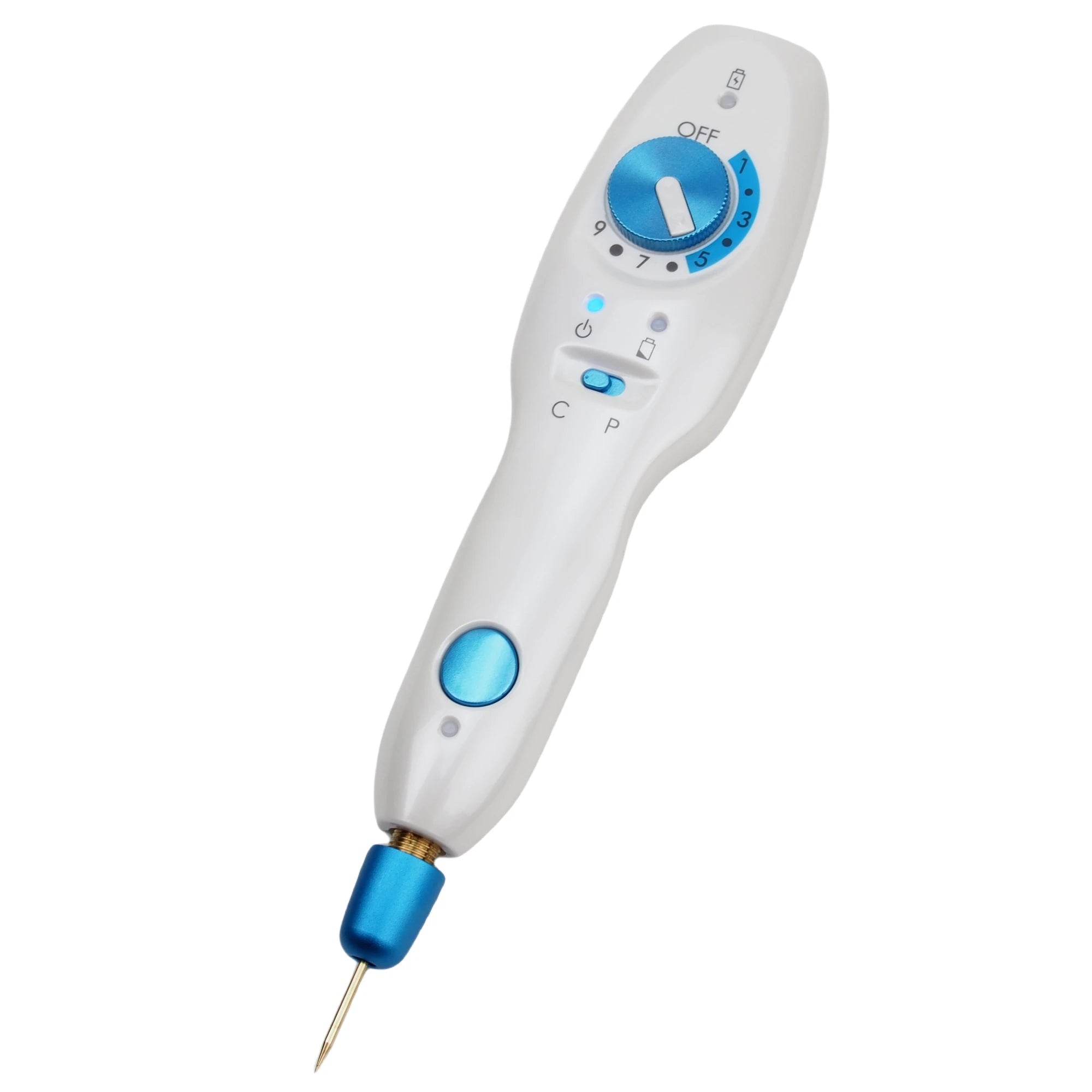Wireless Plamax cold plasma fibroblast pen for skin tightening, acne, and blemish removal on white background.