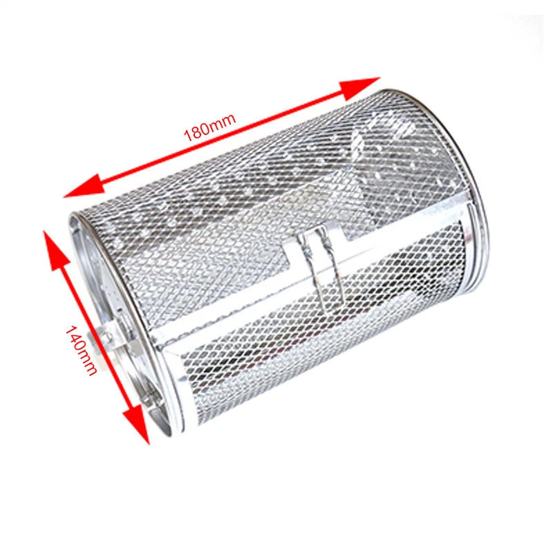 Stainless steel rotisserie basket drum dimensions: 180mm length and 140mm diameter