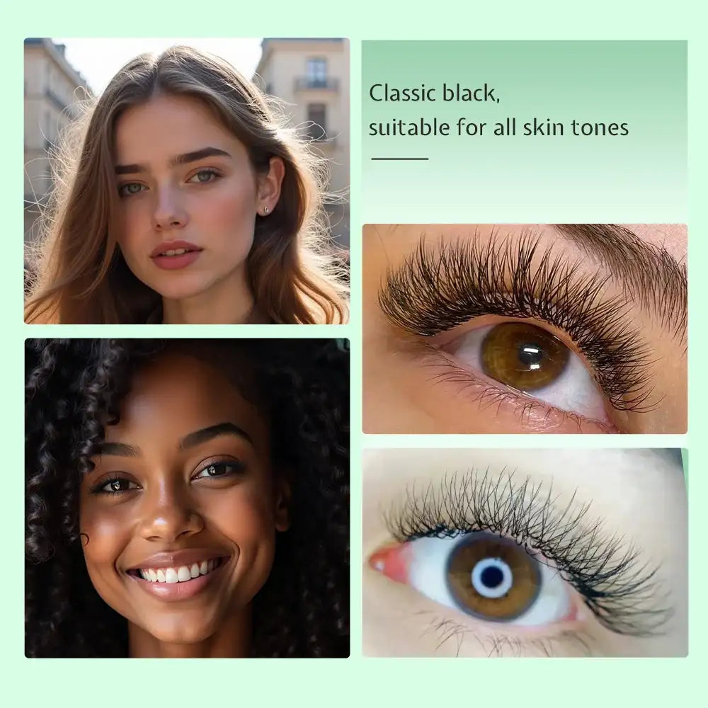 Black 3D W-shape premade volume lash extensions on two models, showing natural, soft, and wispy lash results.