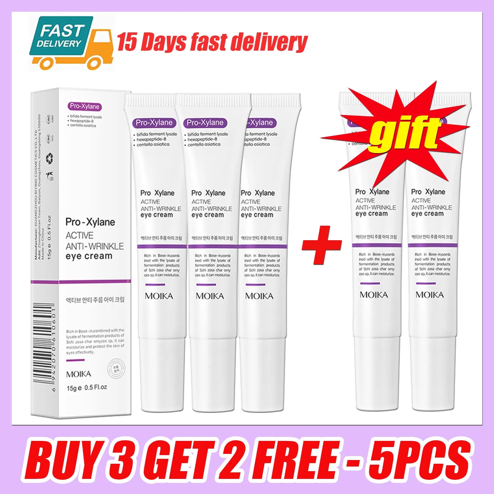 White and purple Pro-Xylane anti-wrinkle eye cream tubes for firming skin and reducing eye bags and dark circles.