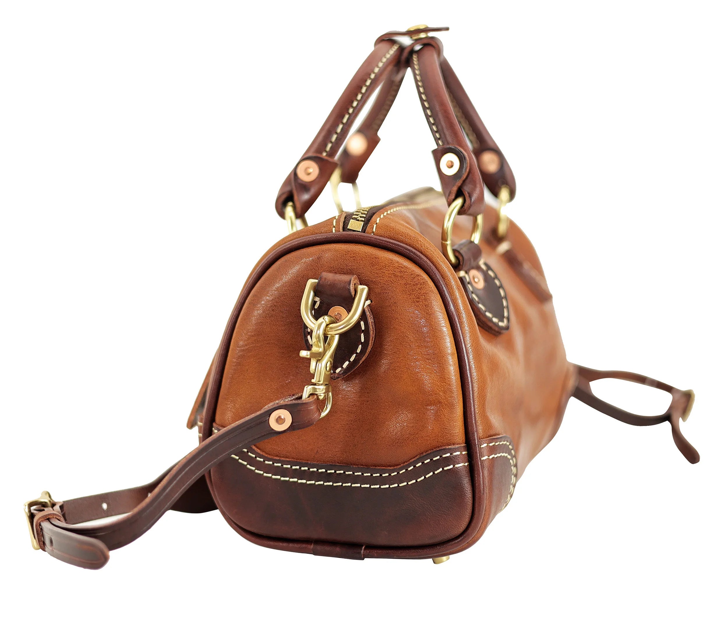 Vintage brown genuine cowhide leather handbag with brass hardware, contrast stitching, and detachable shoulder strap.