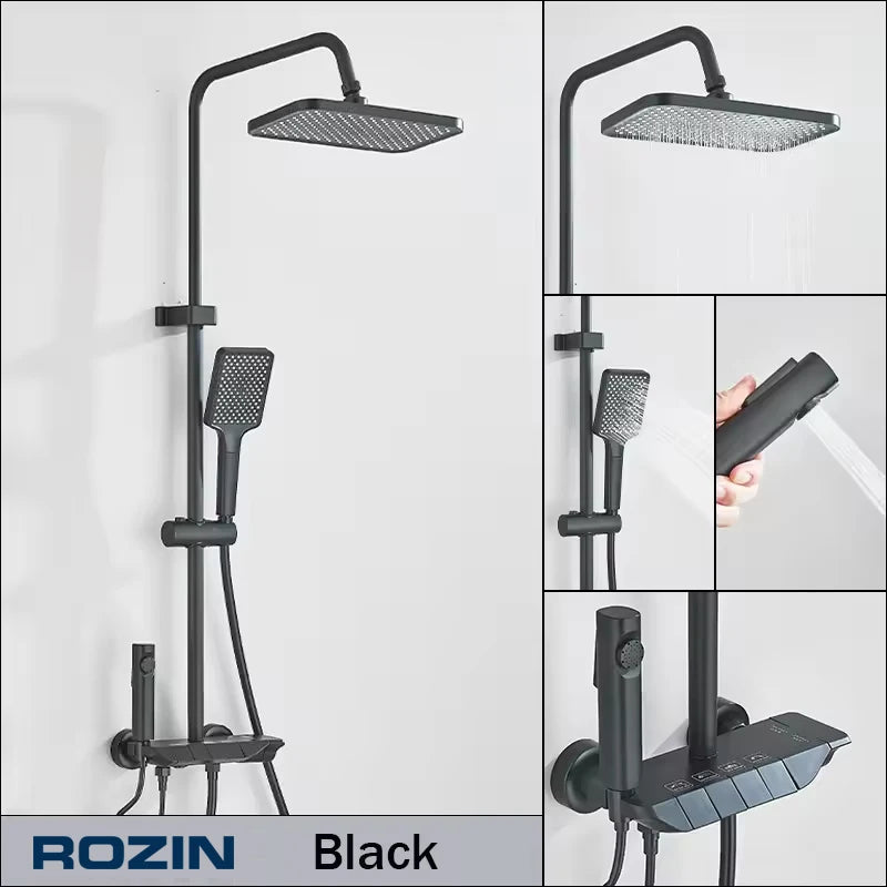 Rozin Black Digital Display Shower Faucet Set Piano Style Rainlfall Bathroom System Grey Digital Mixer Tap Bidet Shower