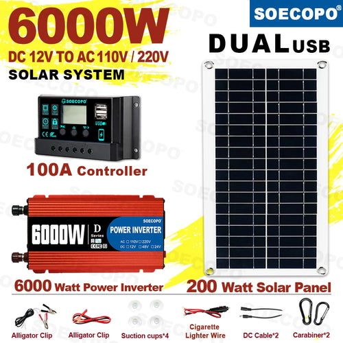 6000W red power inverter, 200W solar panel, 100A controller, and accessories including clips, suction cups, and cables.