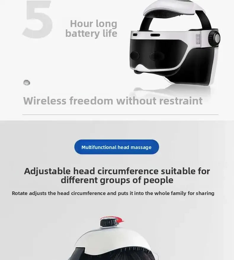 Wireless white and black head and eye massager helmet with adjustable fit and 5-hour battery life for stress relief.