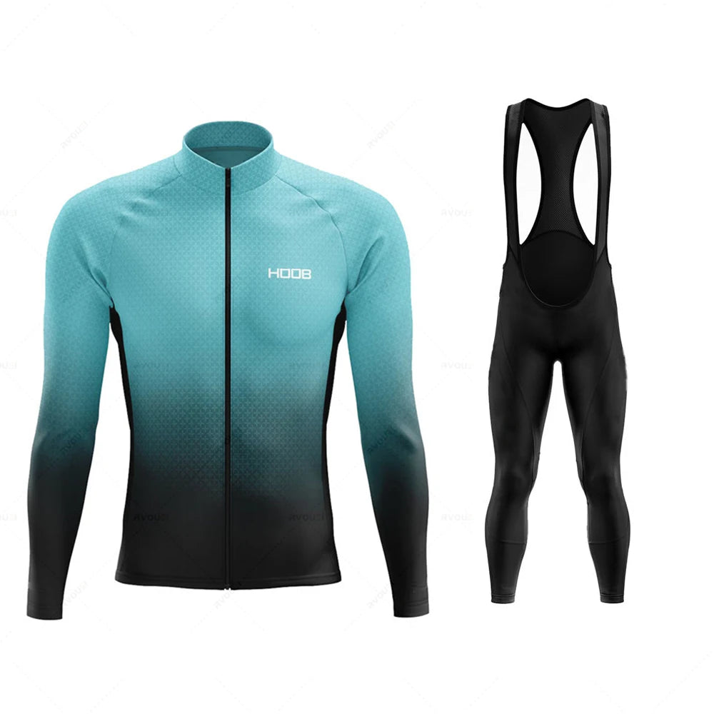 Tidesmit thermal cycling set featuring a long-sleeve teal-to-black gradient jersey and matching black thermal bib tights.