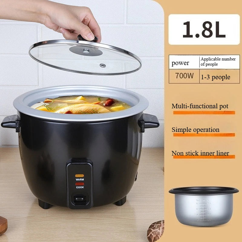 1.8L mini rice cooker with glass lid, black body, and warm/cook control panel