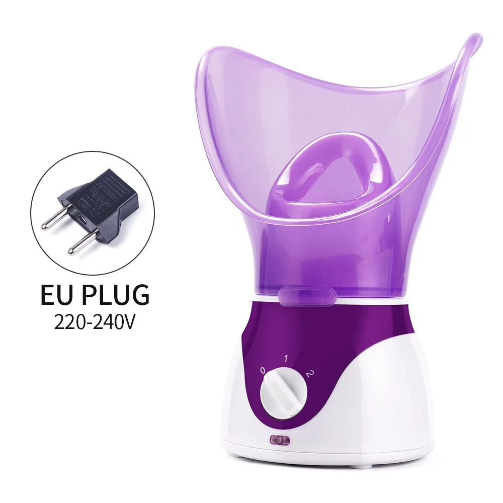 Purple and white facial steamer with adjustable heat settings and EU plug for home skin moisturizing and pore cleaning.